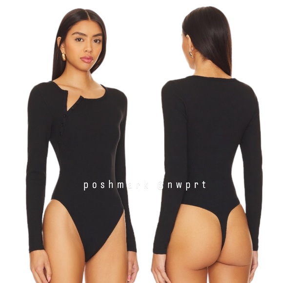 REVOLVE Tops - SKIN Nan Bodysuit Button Collar Top Shirt Black XS